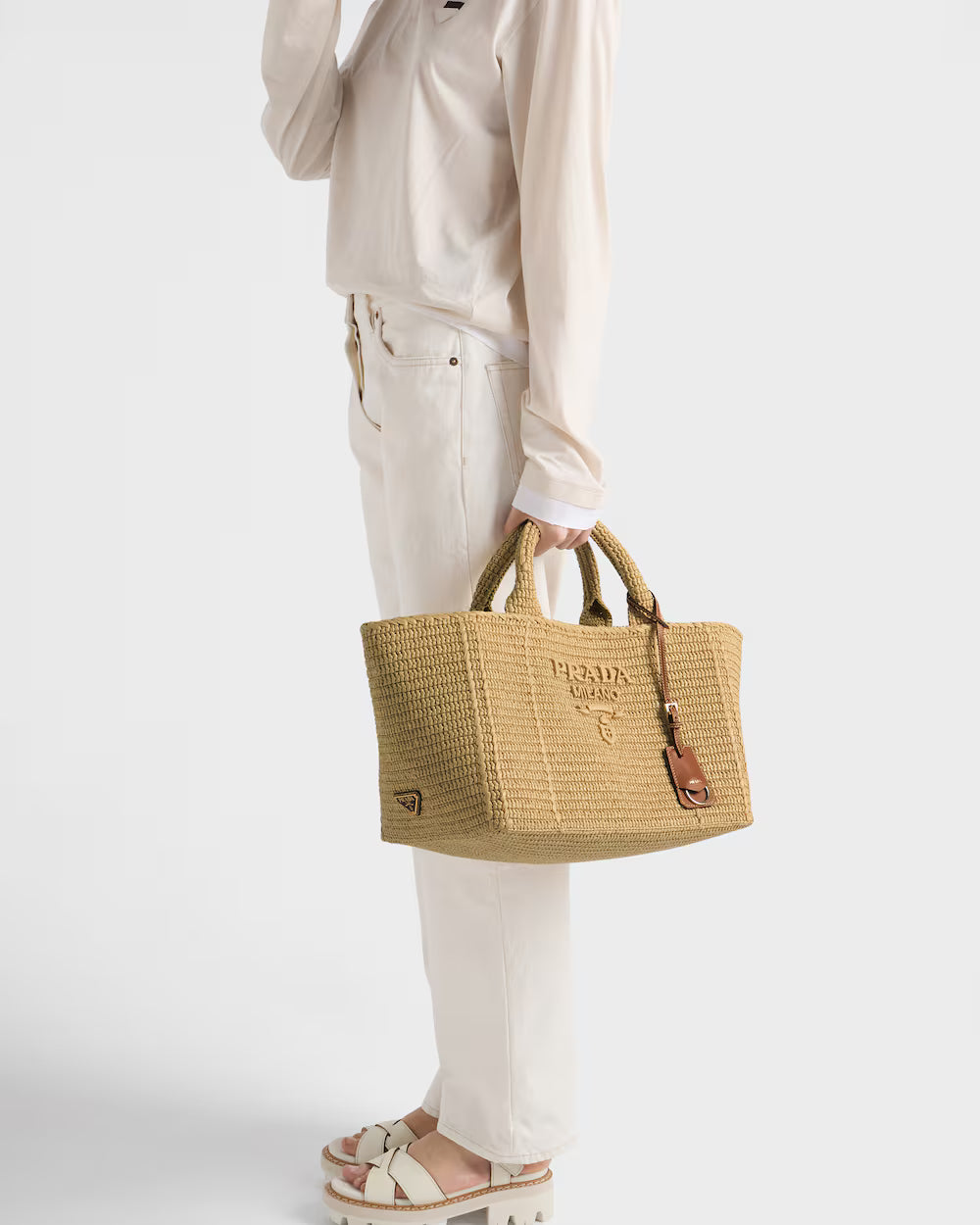 Large crochet tote bag with leather details